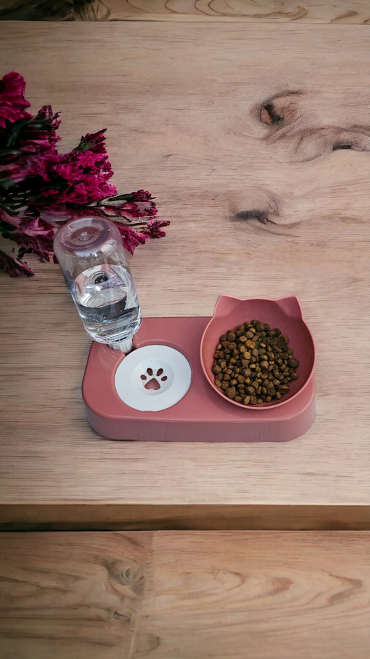 Cat Food Water Bowl Set with Automatic Water Dispenser, Old Pink